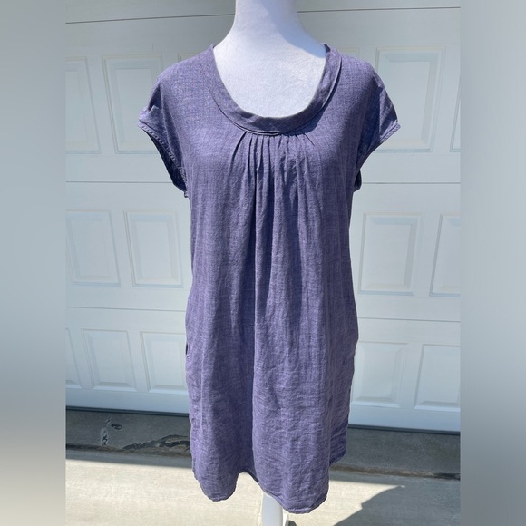 Malvin Hamburg Small Lagenlook 100% Linen Mini Dress Blue Scoop Neck Pockets - Picture 1 of 7